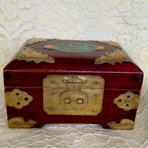 Vintage Handmade 1950s Chinese Wooden Jewelry Box with decorative Brass & Jade